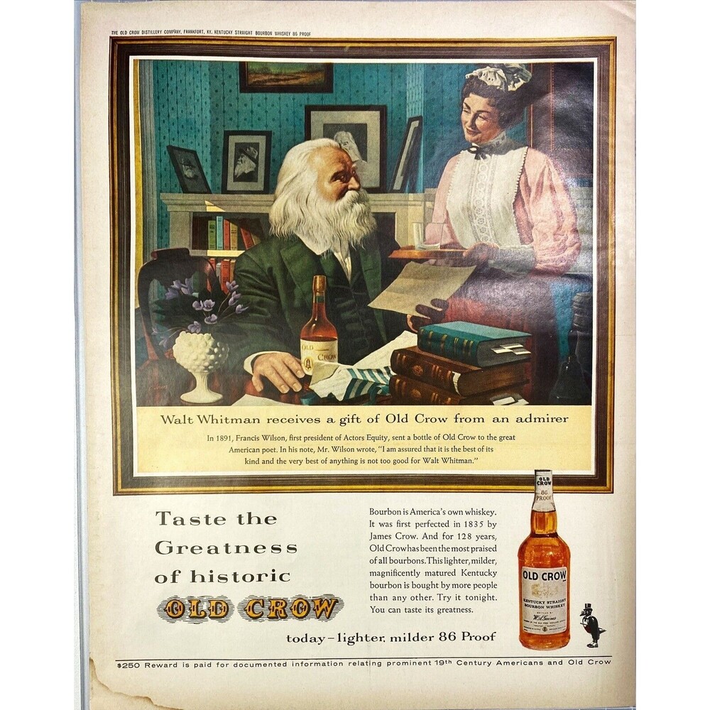 Old Crow Kentucky Whiskey "Walt Witman receives Old Crow from Admirer" Ad 1963
